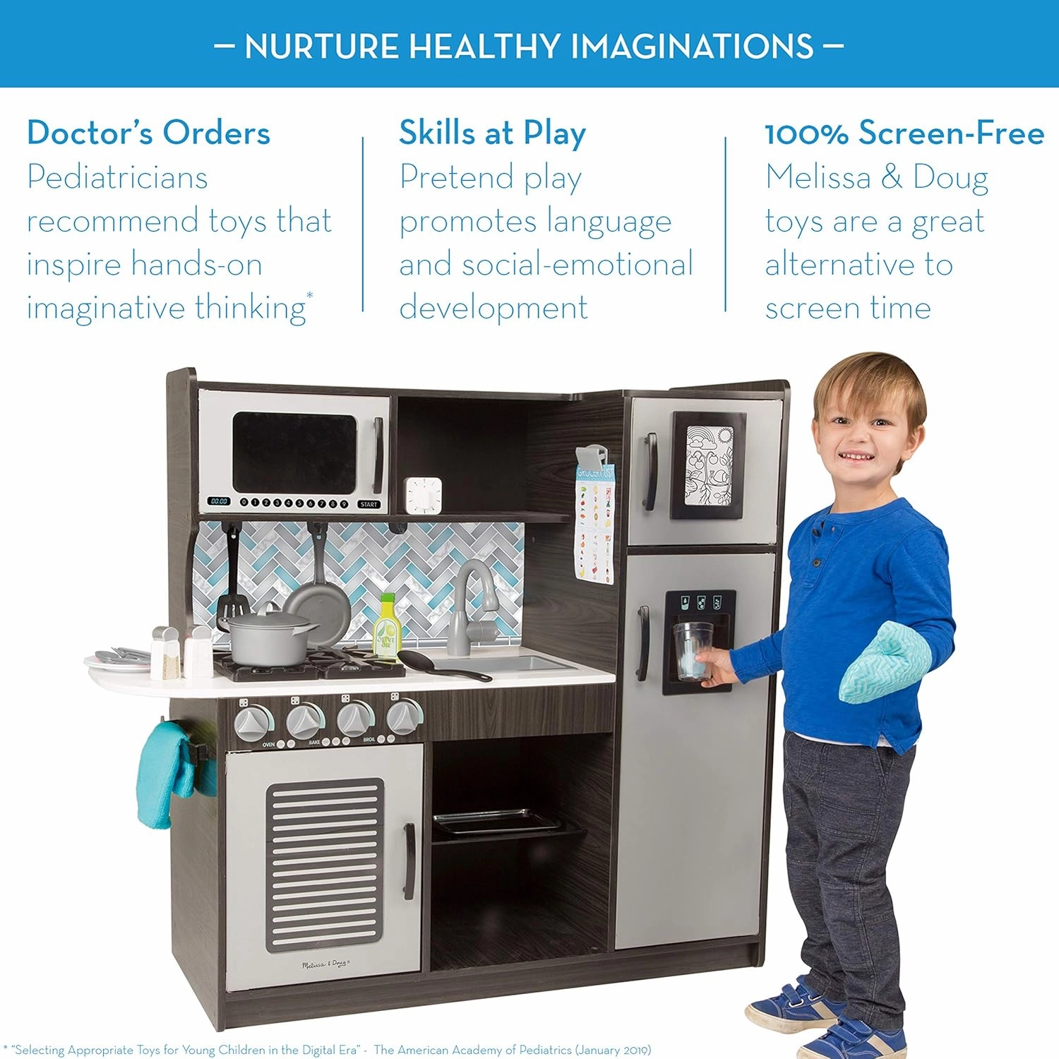 Melissa & Doug Wooden Chef’s Pretend Play Toy Kitchen With “Ice” Cube Dispenser – Charcoal Gray - Kitchen Play Set For Toddlers And Kids Ages 3 , 42.5 x 19.5 x 8.5
