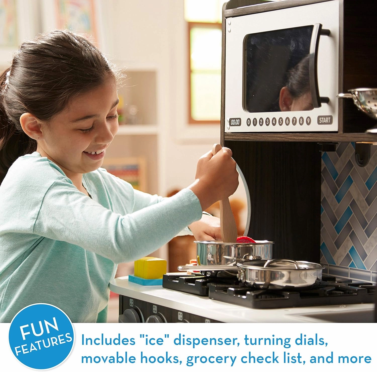 Melissa & Doug Wooden Chef’s Pretend Play Toy Kitchen With “Ice” Cube Dispenser – Charcoal Gray - Kitchen Play Set For Toddlers And Kids Ages 3 , 42.5 x 19.5 x 8.5