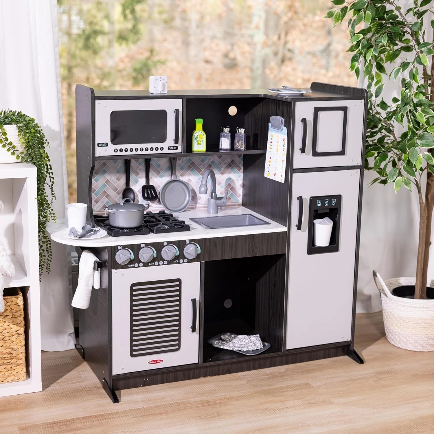 Melissa & Doug Wooden Chef’s Pretend Play Toy Kitchen With “Ice” Cube Dispenser – Charcoal Gray - Kitchen Play Set For Toddlers And Kids Ages 3 , 42.5 x 19.5 x 8.5