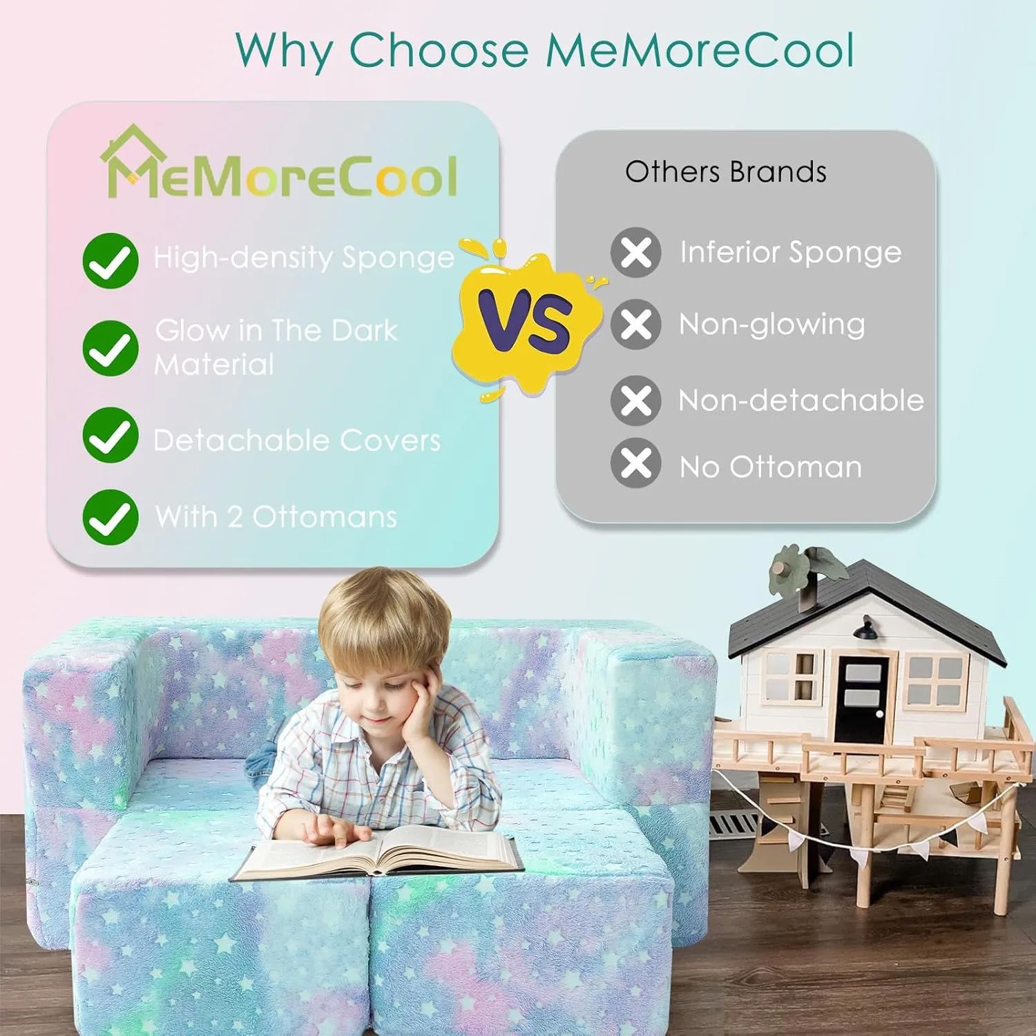 MeMore Cool Kids Play Couch for Playroom, Toddler Glow in Dark Sofa, Modular Bedroom Furniture