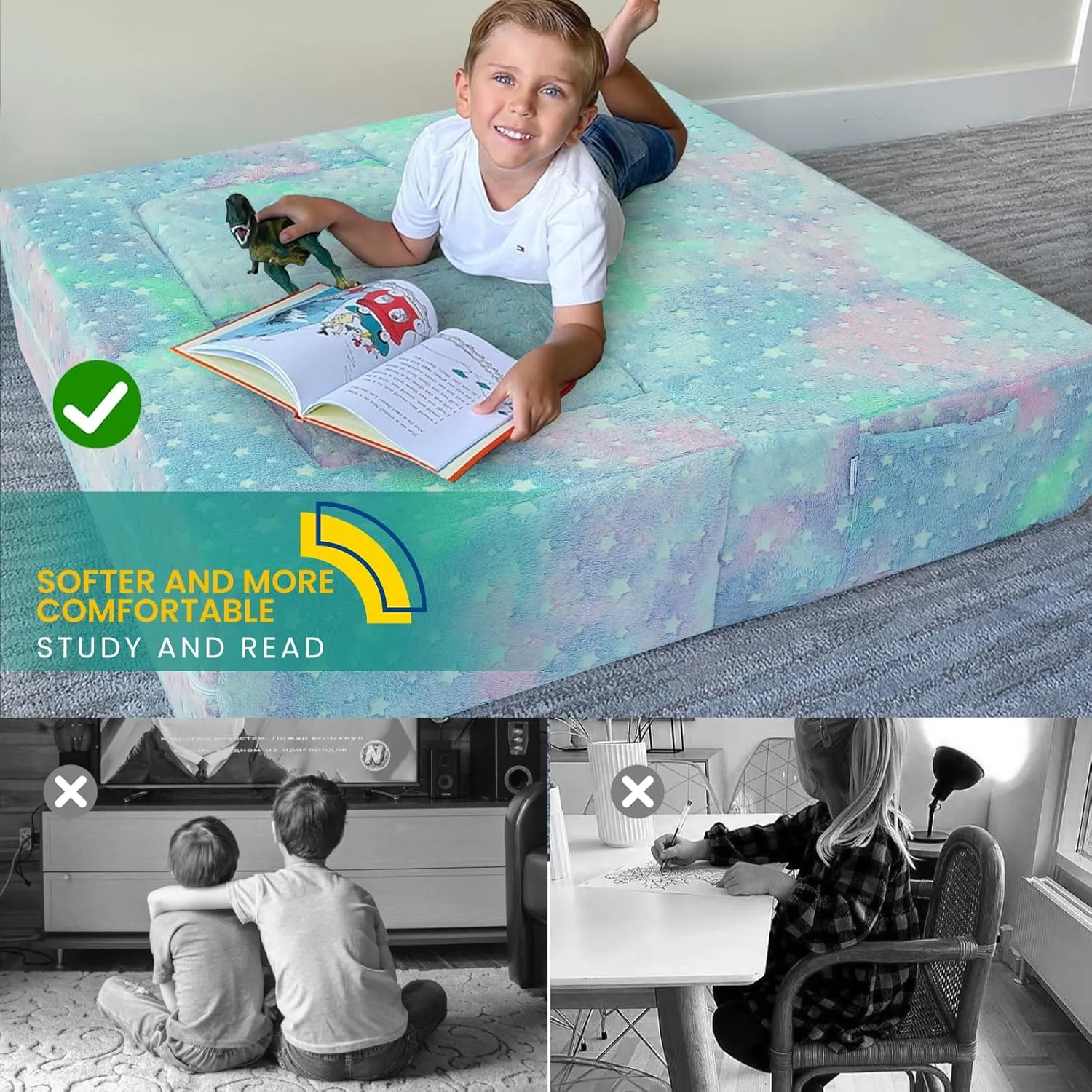 MeMore Cool Kids Play Couch for Playroom, Toddler Glow in Dark Sofa, Modular Bedroom Furniture