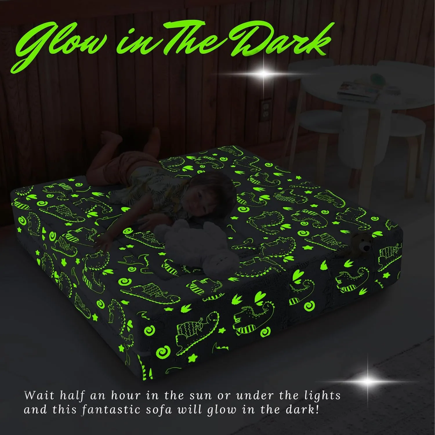 MeMoreCool Glow in The Dark Modular Dinosaur Sofa for Kids, Convertible Toddler Play Couch Furniture for Small Playroom, Grey