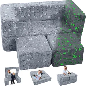 MeMoreCool Glow in The Dark Modular Dinosaur Sofa for Kids, Convertible Toddler Play Couch Furniture for Small Playroom, Grey