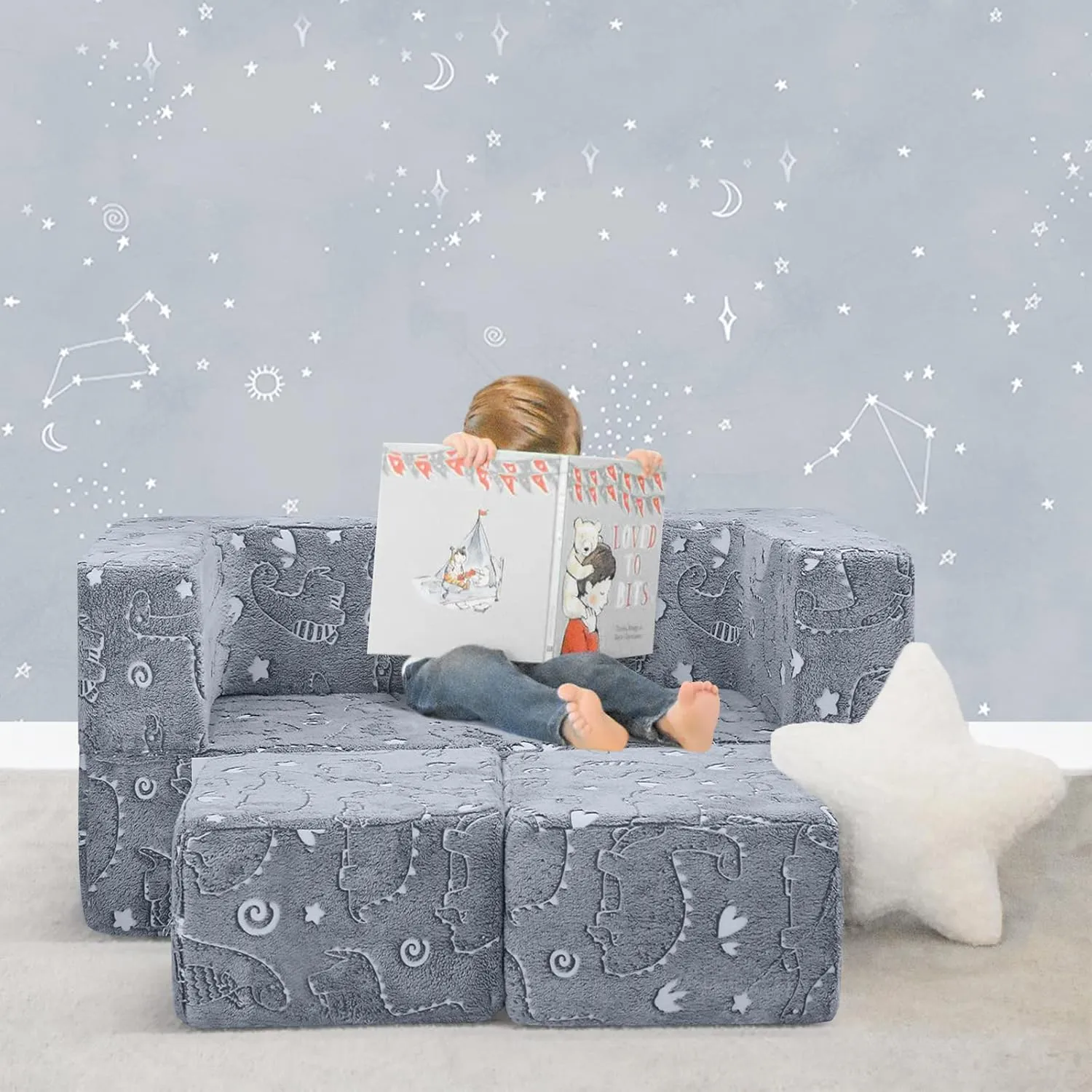 MeMoreCool Glow in The Dark Modular Dinosaur Sofa for Kids, Convertible Toddler Play Couch Furniture for Small Playroom, Grey