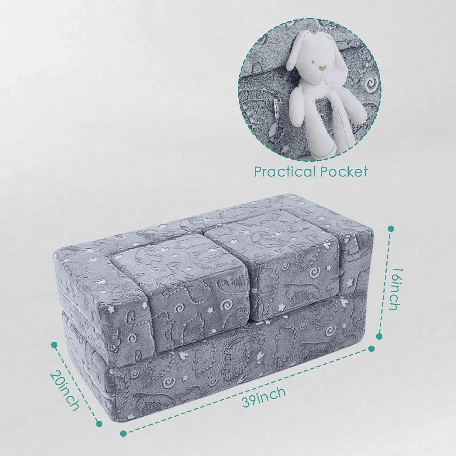 MeMoreCool Glow in The Dark Modular Dinosaur Sofa for Kids, Convertible Toddler Play Couch Furniture for Small Playroom, Grey