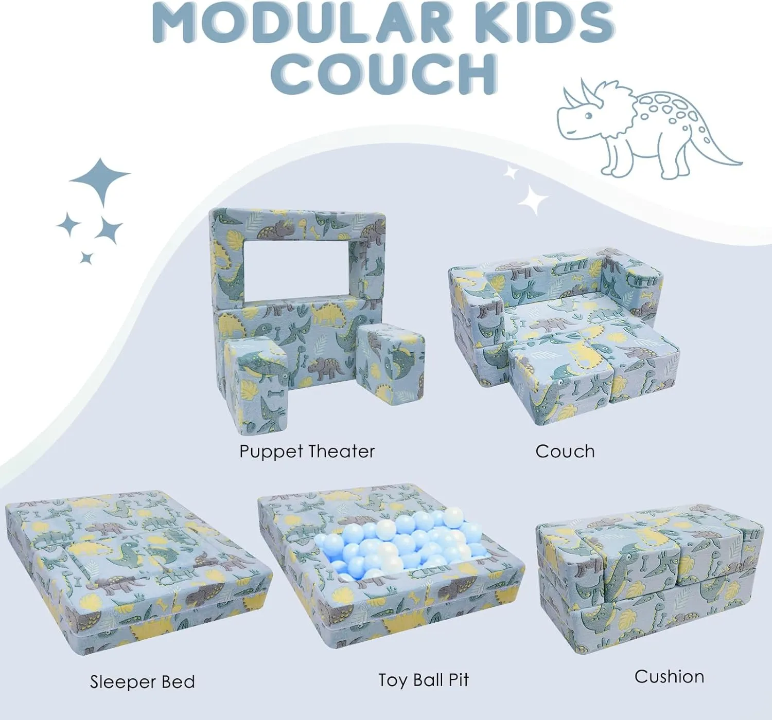 MeMoreCool Modular Kids Sofa,Toddler Play Couch Fold Out for Playroom, Dinosaur Glow in Dark Convertible Plush Foam Chair for Childrens