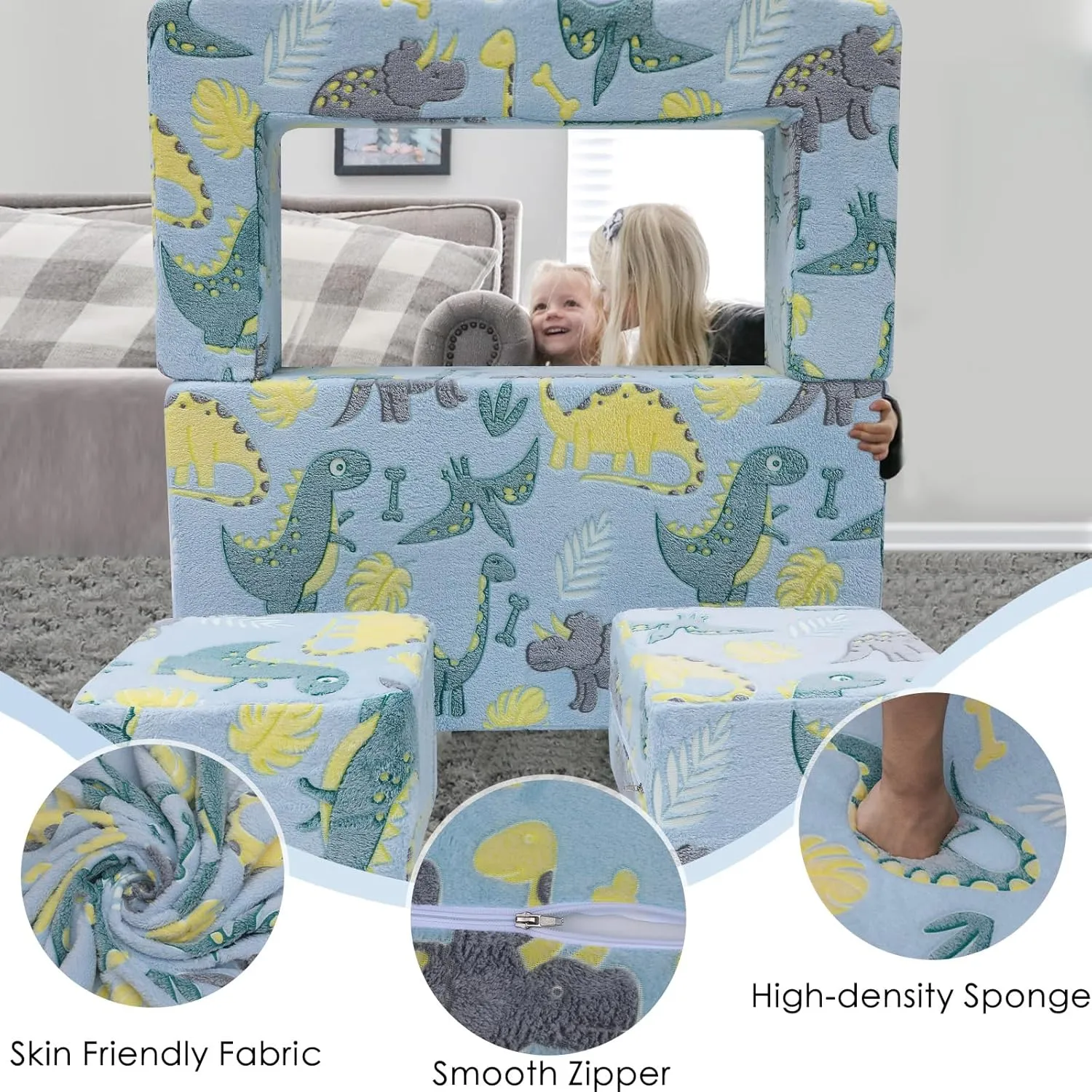 MeMoreCool Modular Kids Sofa,Toddler Play Couch Fold Out for Playroom, Dinosaur Glow in Dark Convertible Plush Foam Chair for Childrens