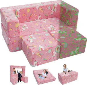 MeMoreCool Modular Kids Sofa,Toddler Play Couch Fold Out for Playroom, Glow in Dark Convertible Plush Unicorn Foam Chair for Baby Childrens