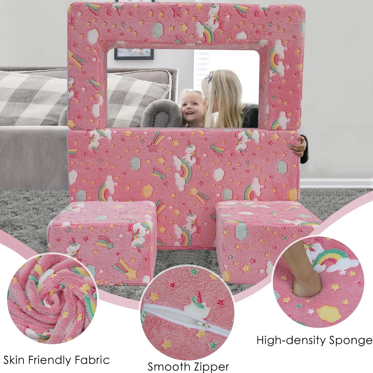 MeMoreCool Modular Kids Sofa,Toddler Play Couch Fold Out for Playroom, Glow in Dark Convertible Plush Unicorn Foam Chair for Baby Childrens