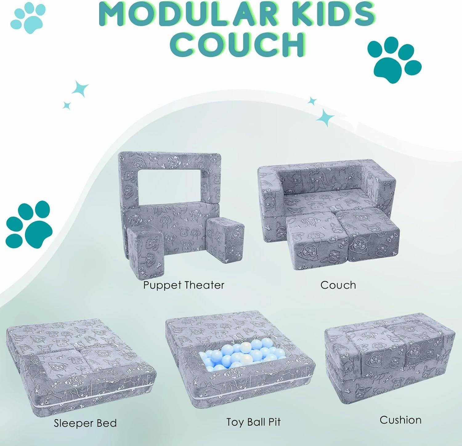 MeMoreCool Kids Sofa Couch, Glow in Dark Toddler Chair Fold Out, Modular Play Couch for Playroom, Child Foam Blocks Convertible Baby Furniture (Glowing Dogs)