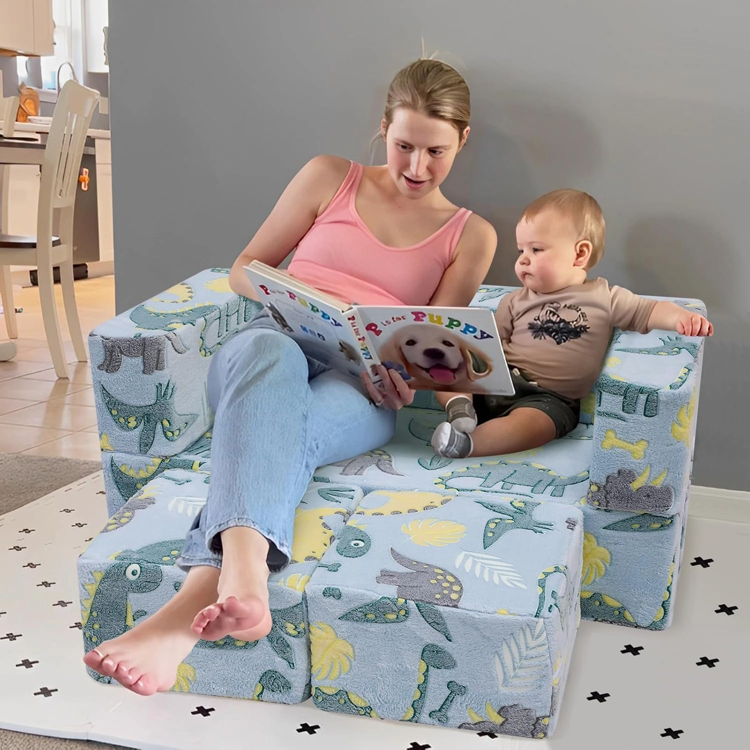 MeMoreCool Modular Kids Sofa,Toddler Play Couch Fold Out for Playroom, Dinosaur Glow in Dark Convertible Plush Foam Chair for Childrens