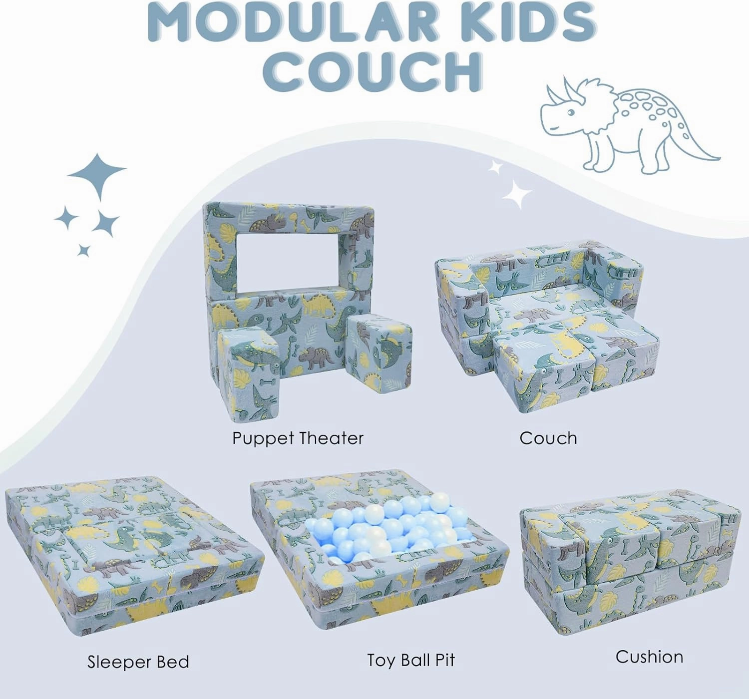 MeMoreCool Modular Kids Sofa,Toddler Play Couch Fold Out for Playroom, Dinosaur Glow in Dark Convertible Plush Foam Chair for Childrens