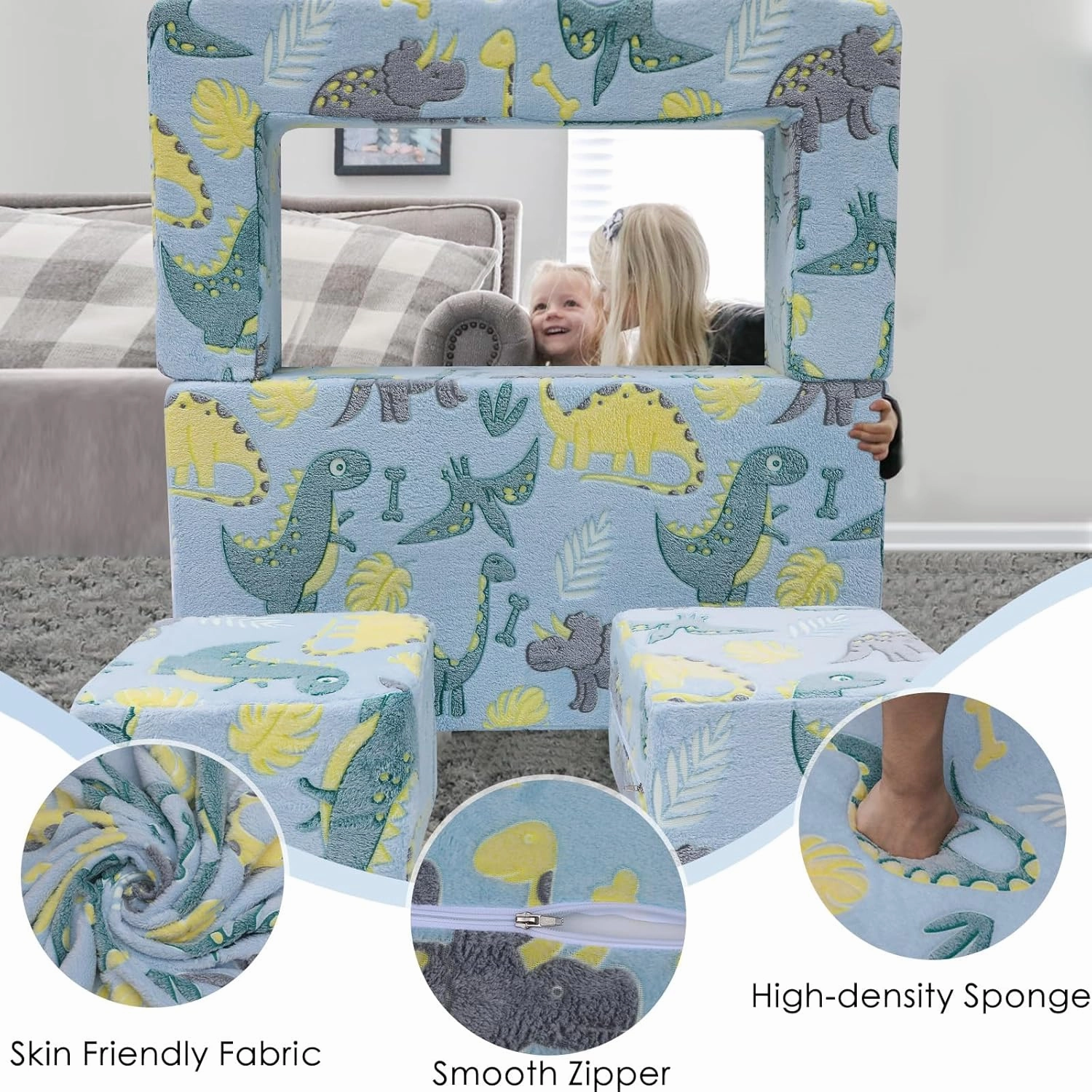 MeMoreCool Modular Kids Sofa,Toddler Play Couch Fold Out for Playroom, Dinosaur Glow in Dark Convertible Plush Foam Chair for Childrens