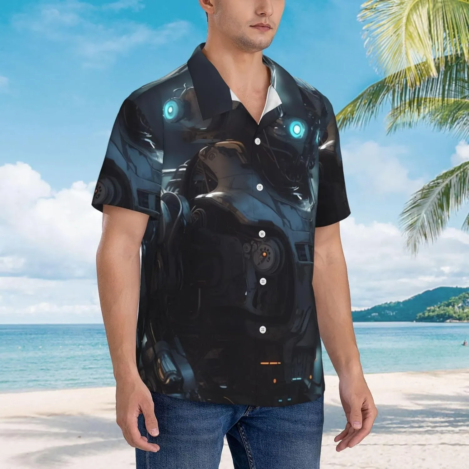 Men's Hawaiian Shirt Future Robot Short Sleeve Button Down Tropical Holiday Beach Vacation Shirt