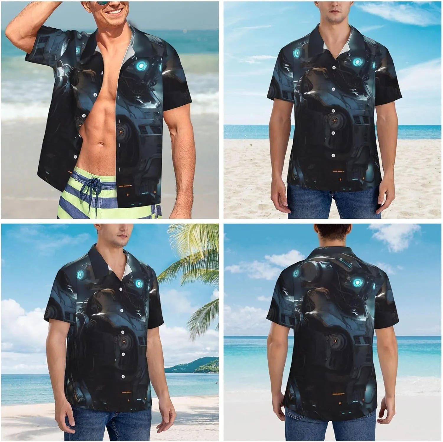 Men's Hawaiian Shirt Future Robot Short Sleeve Button Down Tropical Holiday Beach Vacation Shirt