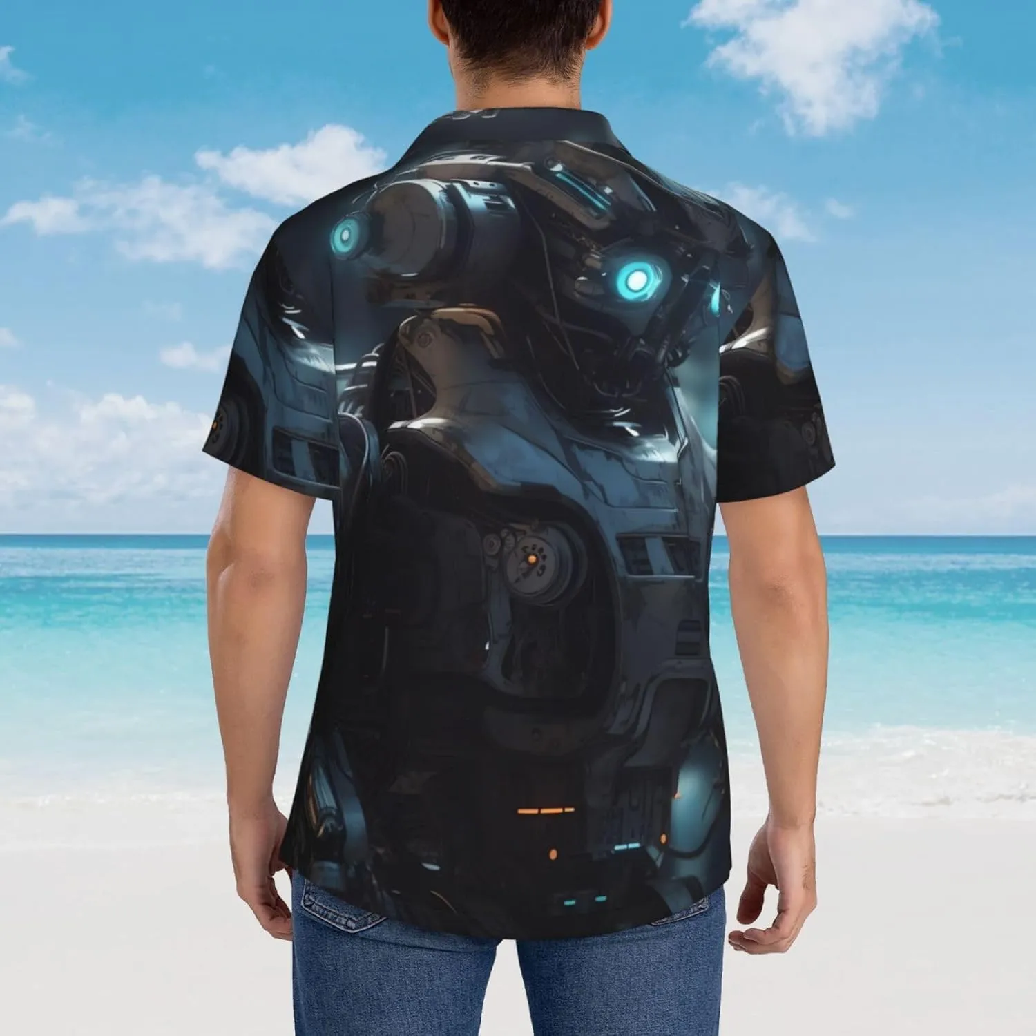 Men's Hawaiian Shirt Future Robot Short Sleeve Button Down Tropical Holiday Beach Vacation Shirt
