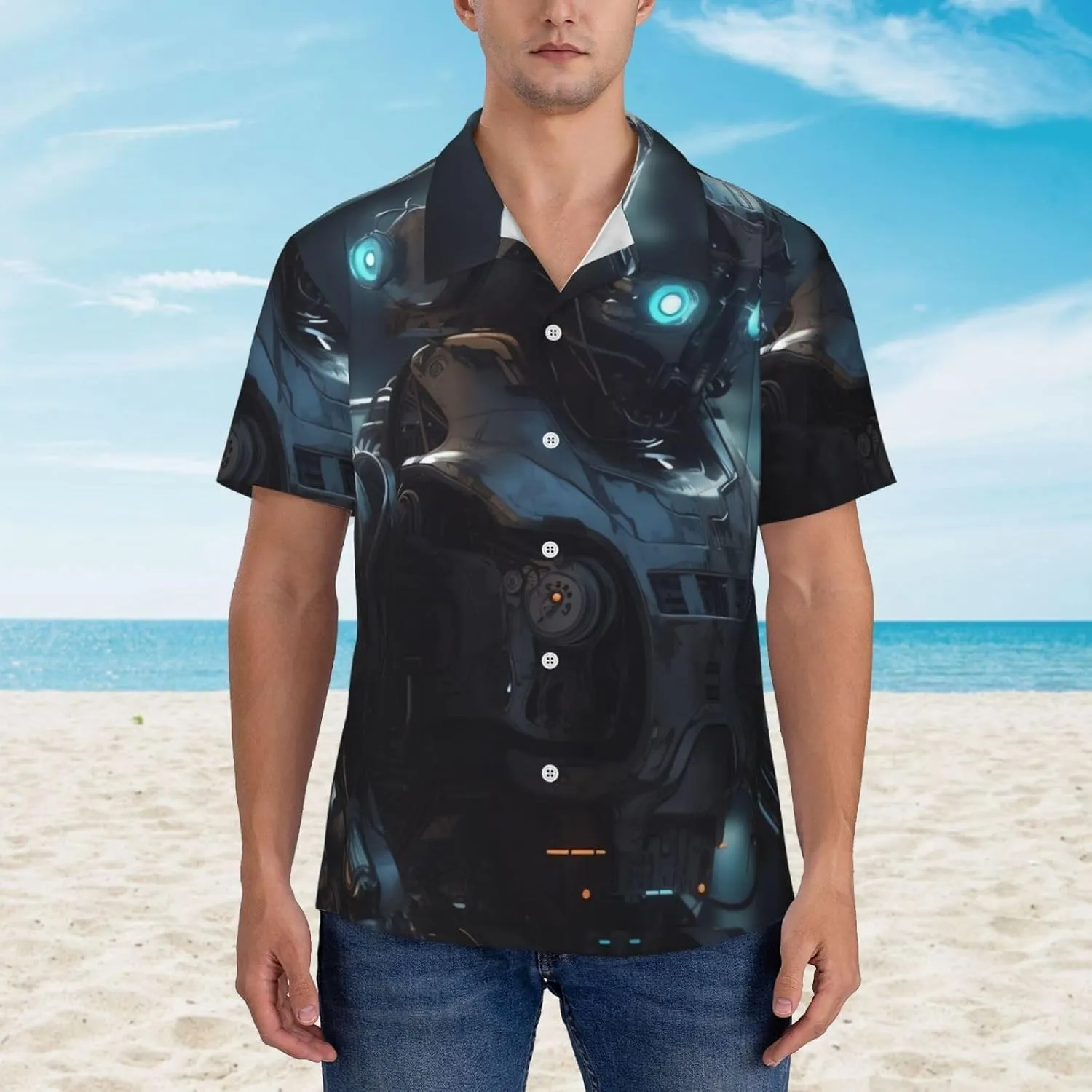 Men's Hawaiian Shirt Future Robot Short Sleeve Button Down Tropical Holiday Beach Vacation Shirt