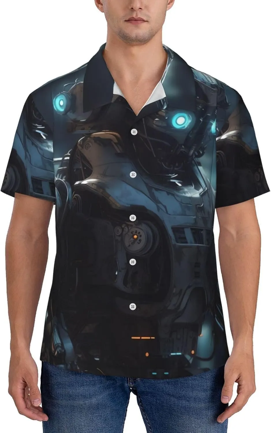 Men's Hawaiian Shirt Future Robot Short Sleeve Button Down Tropical Holiday Beach Vacation Shirt