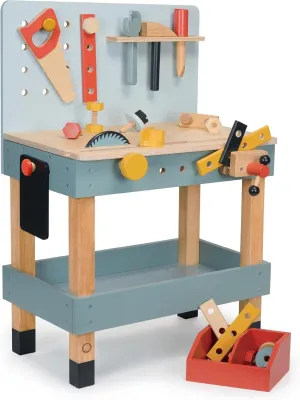Mentari Toys - Carpenter's Workshop - Wooden Tool Bench with Toy Saw, Hammer, Wrench, Screwdriver, Vise, Chalkboard & Accessories - Encourages Imaginative Play, Fine Motor Skills & Creativity - Age 3 