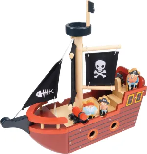 Mentari Toys - Fishbones Pirate Ship - Wooden Pirate Ship with Fabric Sails, Spinning Wheel, Sailors and Canon - Interactive Toy for Imaginative Play - Boosts Storytelling and Motor Skills - Age 3 