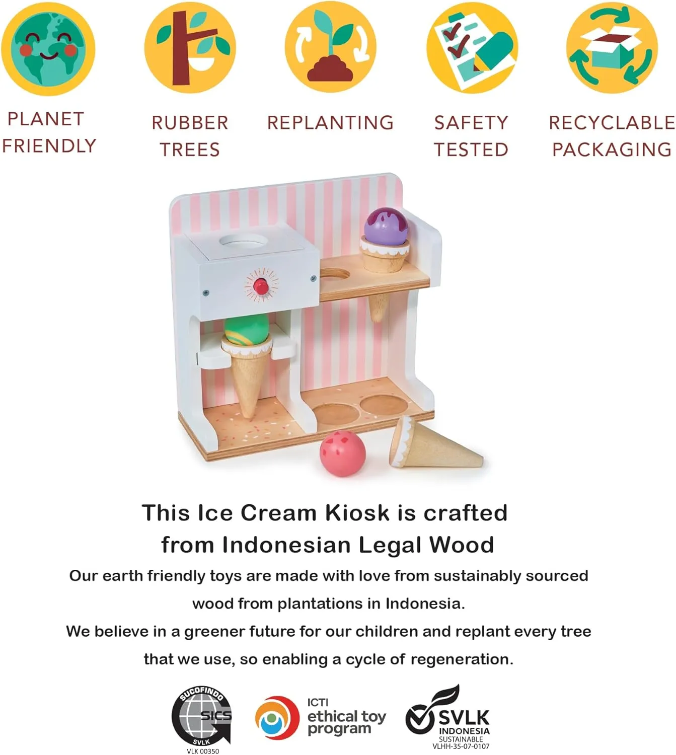 Mentari Toys - Ice Cream Kiosk - 7pc Wooden Play Shop with Cornets & Scoops - Press & Drop Feature - Pretend Play Toy for Toddlers - Encourages Creativity, Fine Motor Skills & Social Play - Age 3 