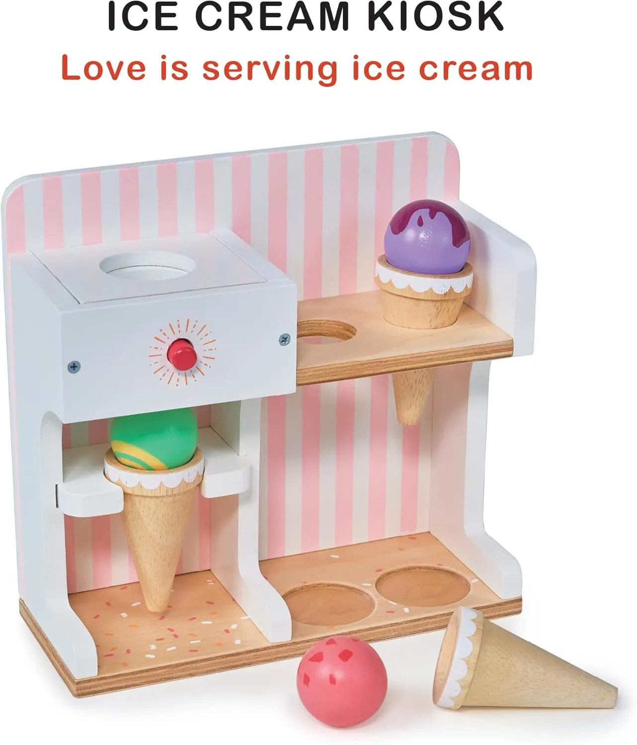 Mentari Toys - Ice Cream Kiosk - 7pc Wooden Play Shop with Cornets & Scoops - Press & Drop Feature - Pretend Play Toy for Toddlers - Encourages Creativity, Fine Motor Skills & Social Play - Age 3 