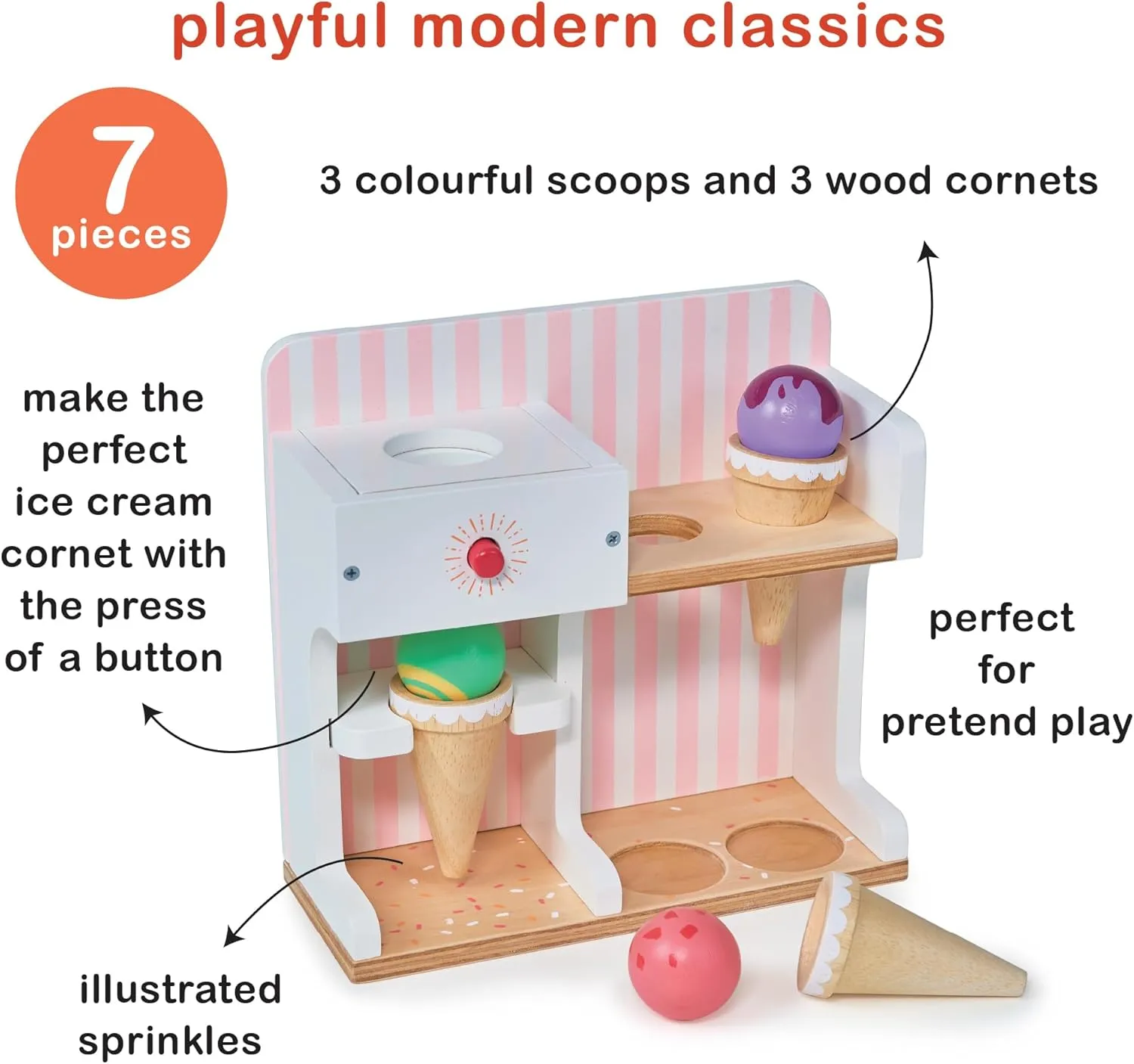 Mentari Toys - Ice Cream Kiosk - 7pc Wooden Play Shop with Cornets & Scoops - Press & Drop Feature - Pretend Play Toy for Toddlers - Encourages Creativity, Fine Motor Skills & Social Play - Age 3 