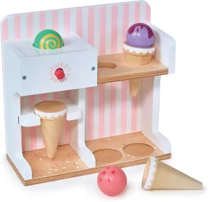 Mentari Toys - Ice Cream Kiosk - 7pc Wooden Play Shop with Cornets & Scoops - Press & Drop Feature - Pretend Play Toy for Toddlers - Encourages Creativity, Fine Motor Skills & Social Play - Age 3 