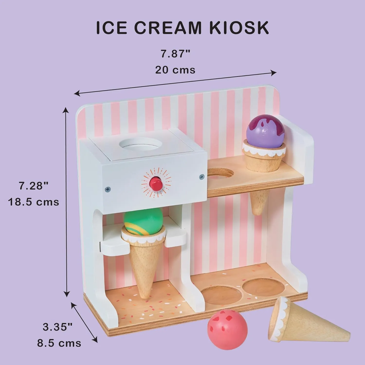 Mentari Toys - Ice Cream Kiosk - 7pc Wooden Play Shop with Cornets & Scoops - Press & Drop Feature - Pretend Play Toy for Toddlers - Encourages Creativity, Fine Motor Skills & Social Play - Age 3 