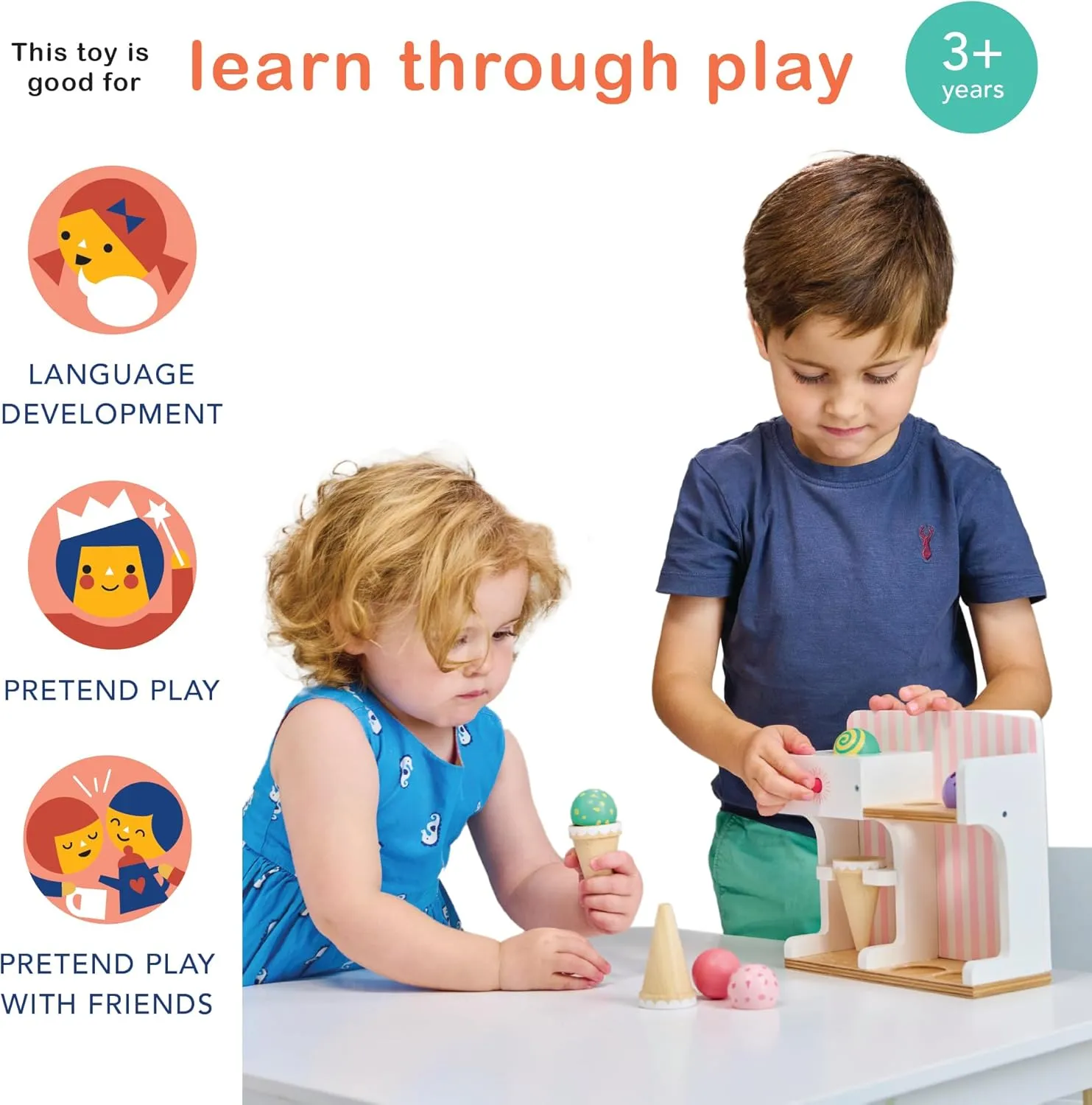 Mentari Toys - Ice Cream Kiosk - 7pc Wooden Play Shop with Cornets & Scoops - Press & Drop Feature - Pretend Play Toy for Toddlers - Encourages Creativity, Fine Motor Skills & Social Play - Age 3 