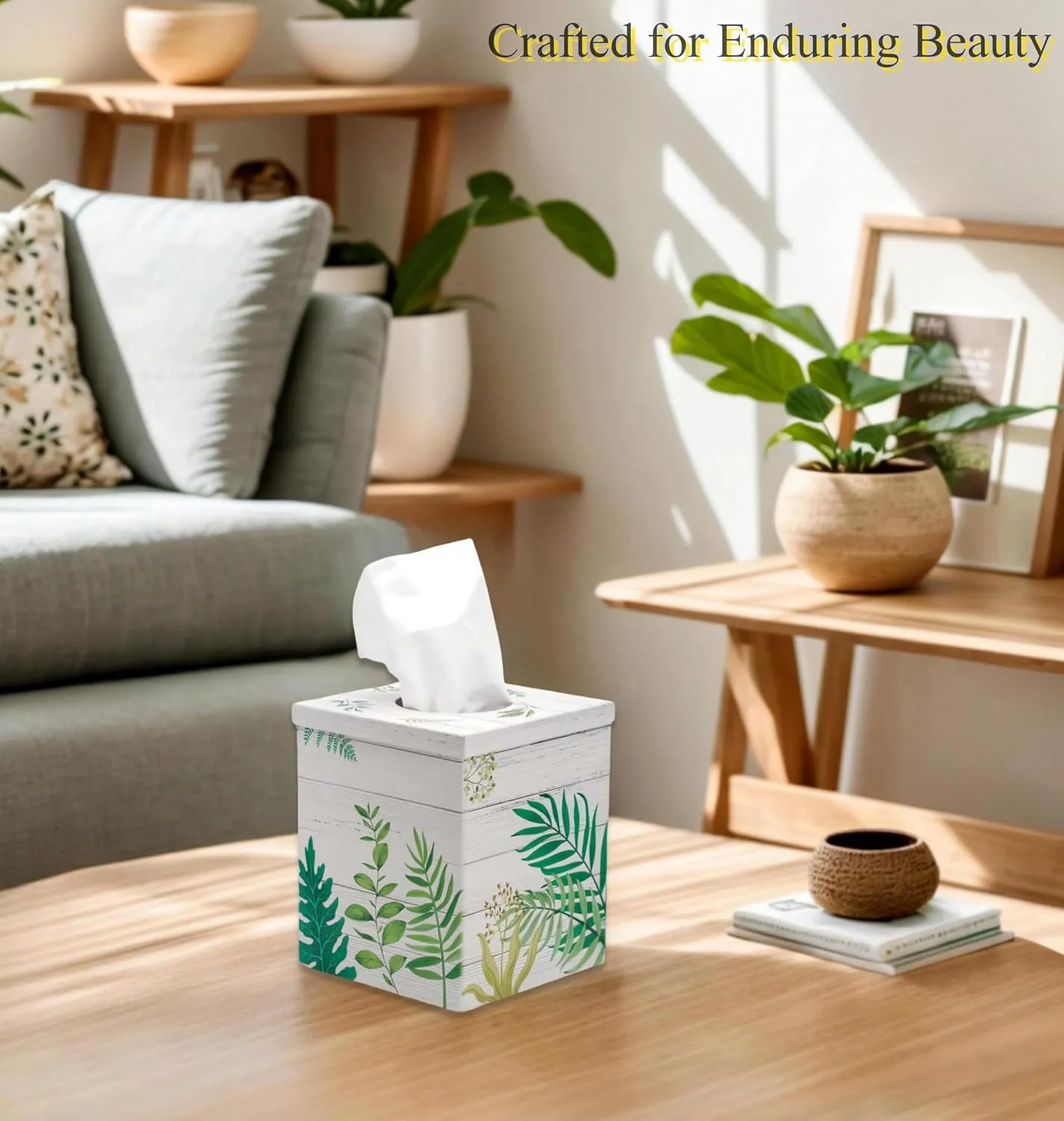 Metal Tissue Box Cover Holder and Dispenser.Decorative Tissue Box Covers Cube Dresser Accessories for Bathroom Living Room Kitchen Office.Plants Wood Pattern Antique White.Home Decor Gifts