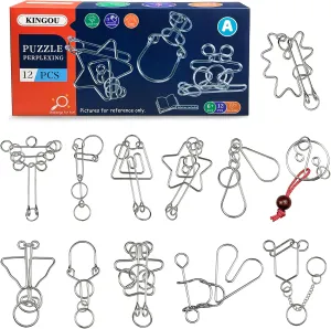 Metal Wire Brain Puzzles Set 12 Pcs Brain Teaser Puzzle Toys for Kids, Teens & Adult, Interlock Magic Trick Toy for Gift Party Favor & Games - A