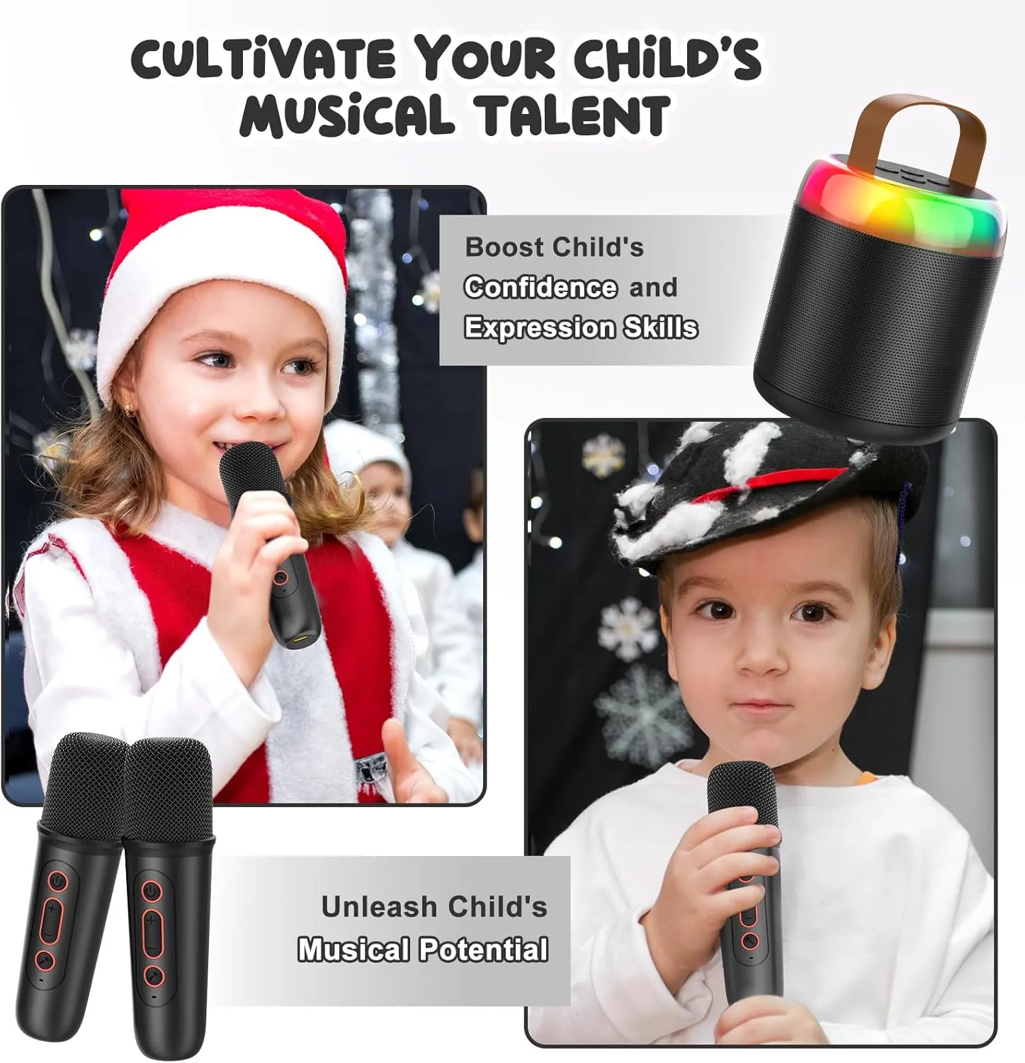 Mini Karaoke Machine for Kids Portable Bluetooth 5.3 Speaker Led Lights with 2 Wireless Microphones Karaoke Toy Gifts for Girls Boys Audlt Birthday Christmas Solid Metal Body (Black)