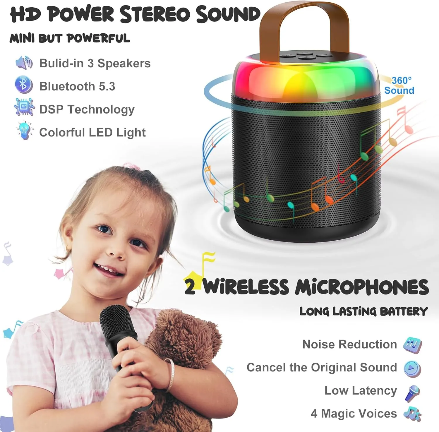 Mini Karaoke Machine for Kids Portable Bluetooth 5.3 Speaker Led Lights with 2 Wireless Microphones Karaoke Toy Gifts for Girls Boys Audlt Birthday Christmas Solid Metal Body (Black)