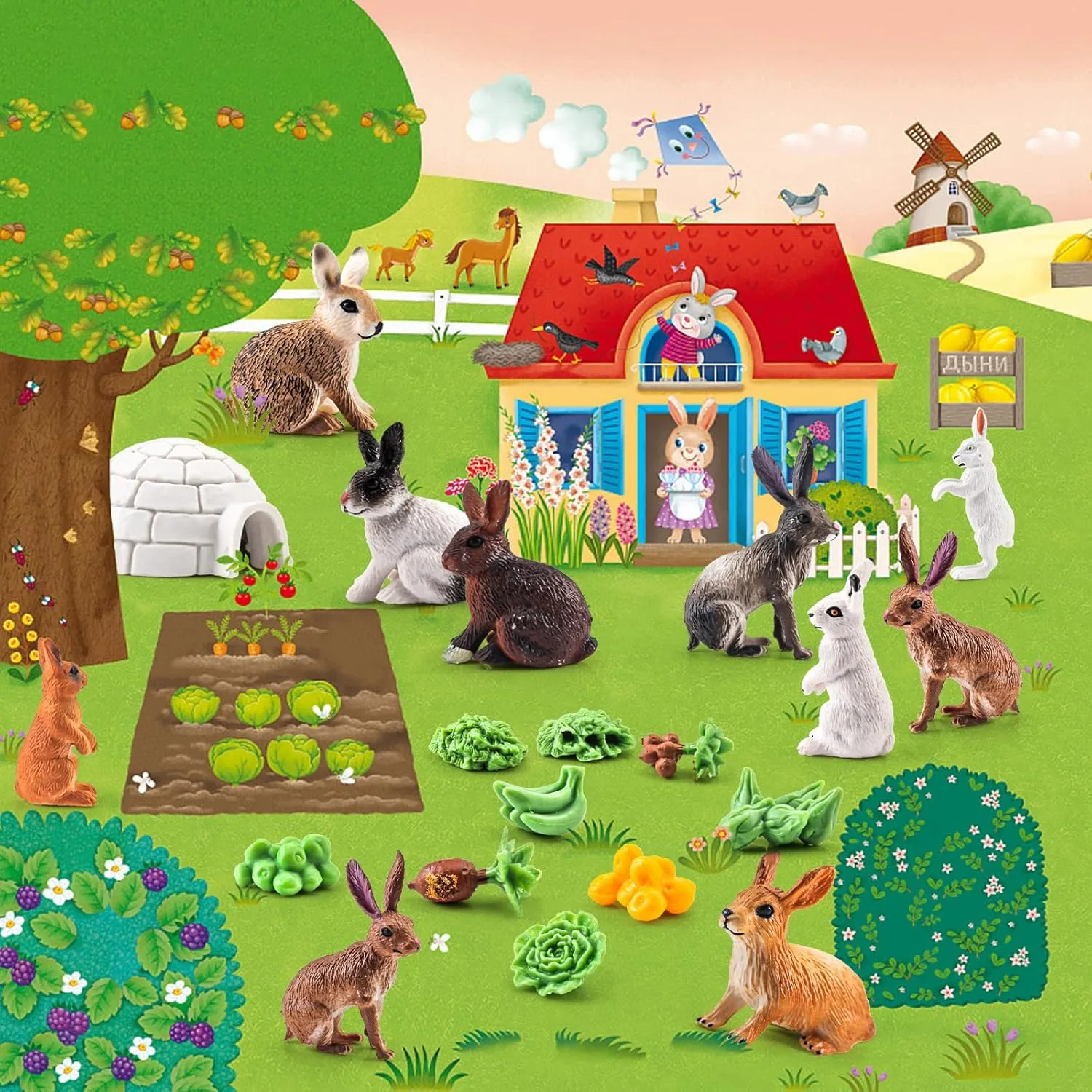 Mini Rabbit Action Figures with Holes Toys Set 21PCS for Toddlers Rabbits Toys Cake Toppers Bunny Figurines Gifts for Kids Boys and Girls Doll House Accessories