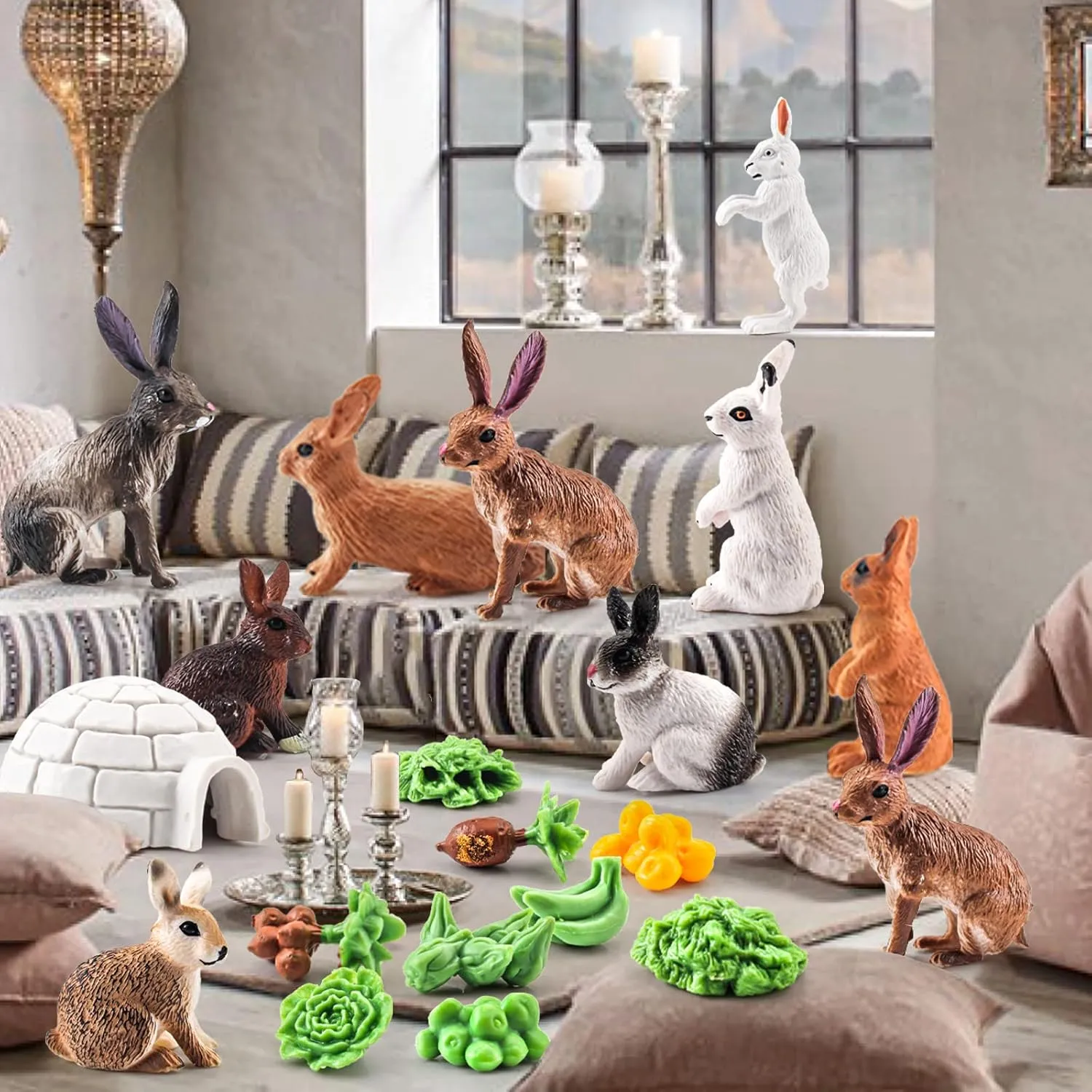 Mini Rabbit Action Figures with Holes Toys Set 21PCS for Toddlers Rabbits Toys Cake Toppers Bunny Figurines Gifts for Kids Boys and Girls Doll House Accessories