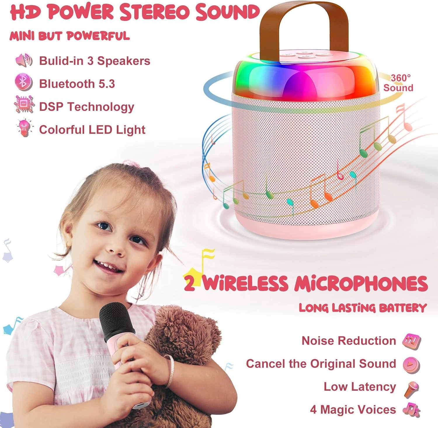Mini Karaoke Machine for Kids Portable Bluetooth 5.3 Speaker Led Lights with 2 Wireless Microphones Karaoke Gifts for Girls Boys Audlt Birthday Christmas Solid Metal Body (Pink)