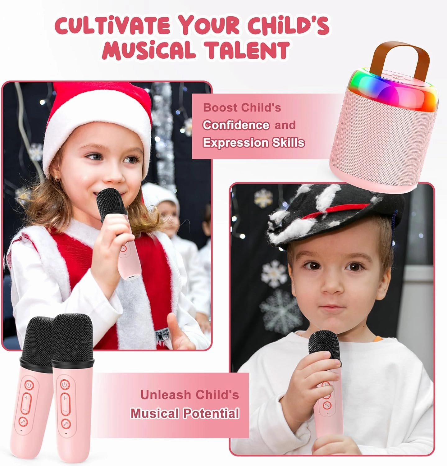 Mini Karaoke Machine for Kids Portable Bluetooth 5.3 Speaker Led Lights with 2 Wireless Microphones Karaoke Gifts for Girls Boys Audlt Birthday Christmas Solid Metal Body (Pink)