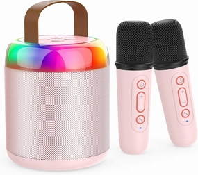 Mini Karaoke Machine for Kids Portable Bluetooth 5.3 Speaker Led Lights with 2 Wireless Microphones Karaoke Gifts for Girls Boys Audlt Birthday Christmas Solid Metal Body (Pink)