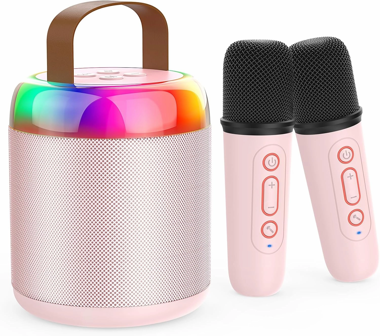 Mini Karaoke Machine for Kids Portable Bluetooth 5.3 Speaker Led Lights with 2 Wireless Microphones Karaoke Gifts for Girls Boys Audlt Birthday Christmas Solid Metal Body (Pink)
