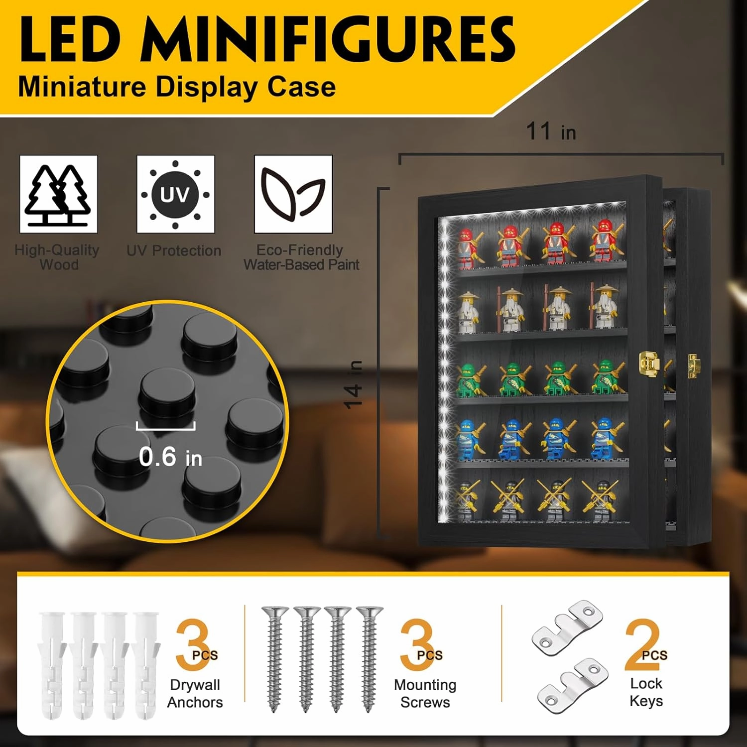 Minifigure Display Case 11X14 Inch with LED, Figures Building Block Toy Wooden Shadow Box with 98% UV Protected Acrylic Glass Door for Collecting Miniature Figurine Souvenirs