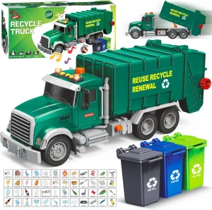 MOBIUS Toys Garbage Truck Toy – Recycling Vehicle for Boys with 3 Garbage Cans   48 Flash Cards – Push & Go, Lights & Sounds – Multi-Functional Trash Truck w/Moving Parts for Ages 3-8