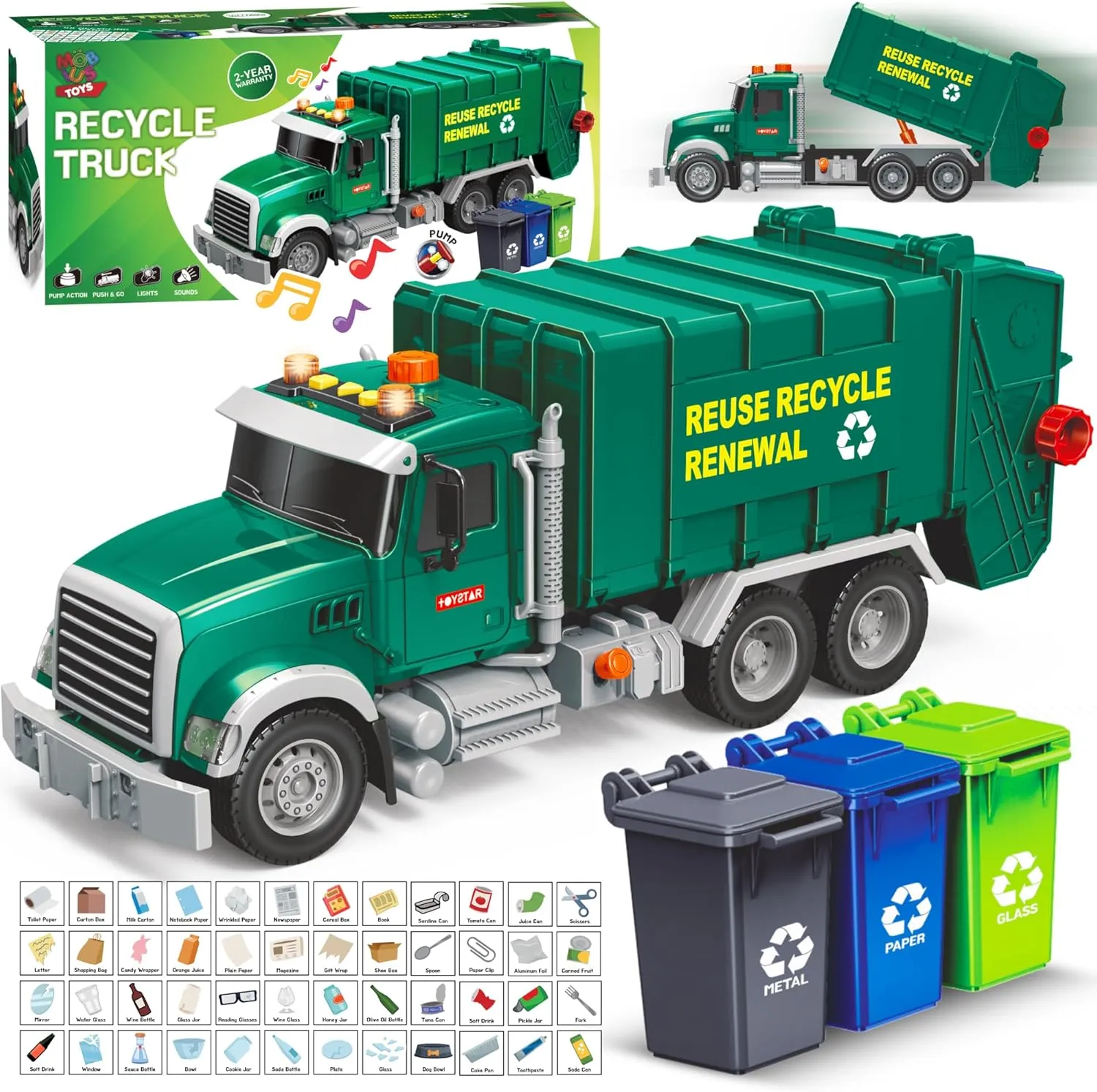 MOBIUS Toys Garbage Truck Toy – Recycling Vehicle for Boys with 3 Garbage Cans   48 Flash Cards – Push & Go, Lights & Sounds – Multi-Functional Trash Truck w/Moving Parts for Ages 3-8