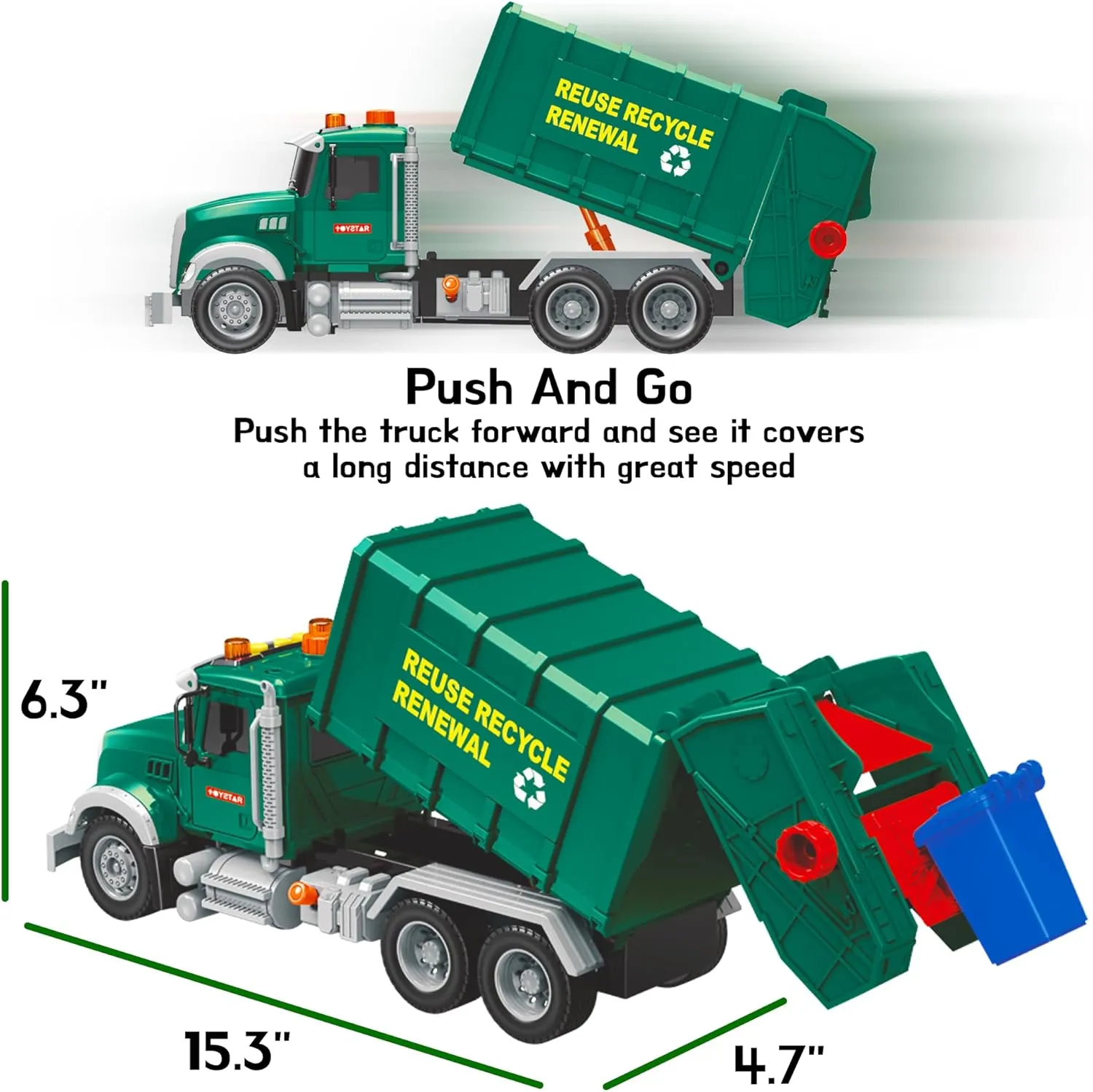 MOBIUS Toys Garbage Truck Toy – Recycling Vehicle for Boys with 3 Garbage Cans   48 Flash Cards – Push & Go, Lights & Sounds – Multi-Functional Trash Truck w/Moving Parts for Ages 3-8