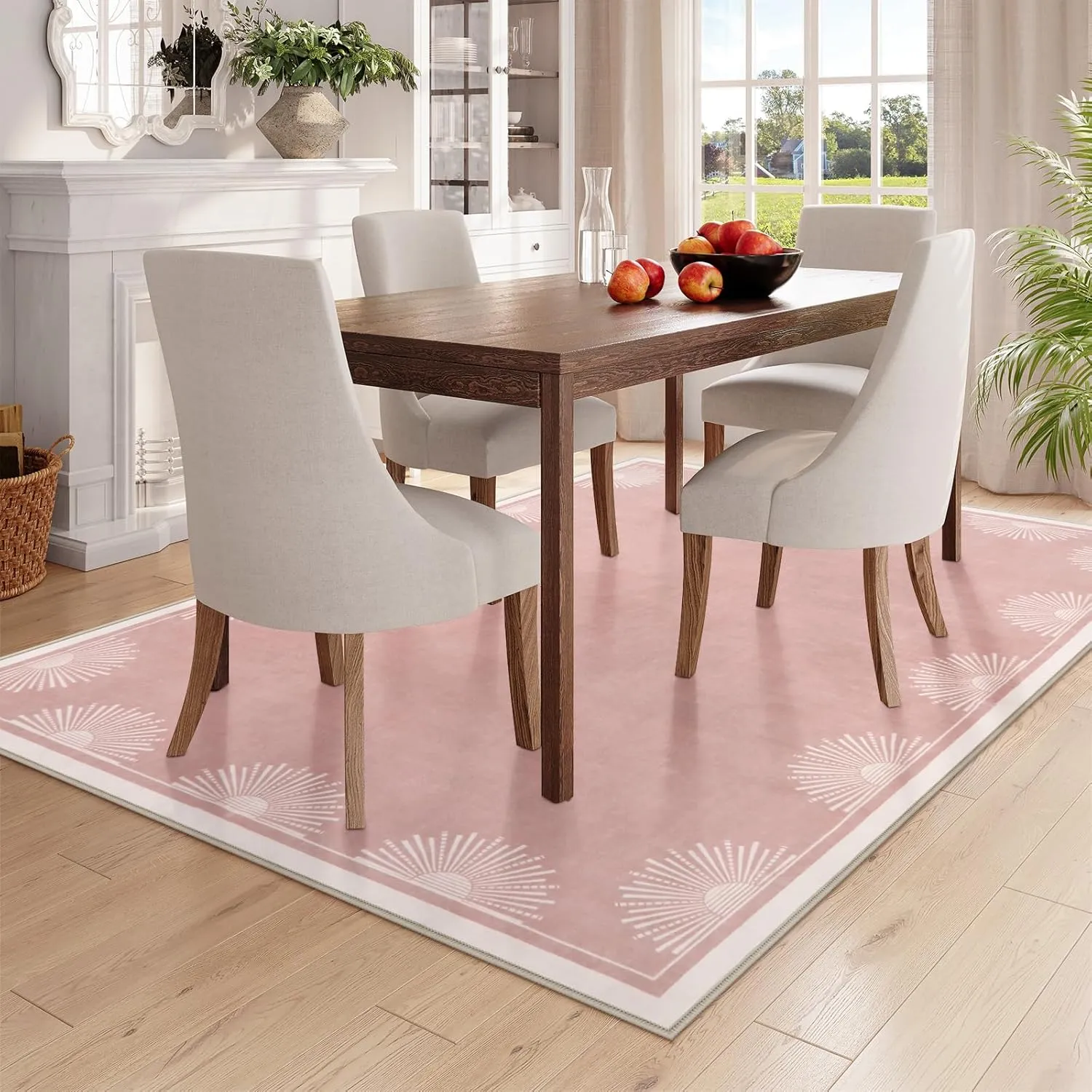 Modern 5x7 Pink Area Rugs for Bedroom Girls, Ultra Thin Washable Nursery Rug for Kids Room, Soft Sun Print Living Room Rug,Boho Non Shedding Floor Carpets for Classroom Dorm(5'x7',Pink)