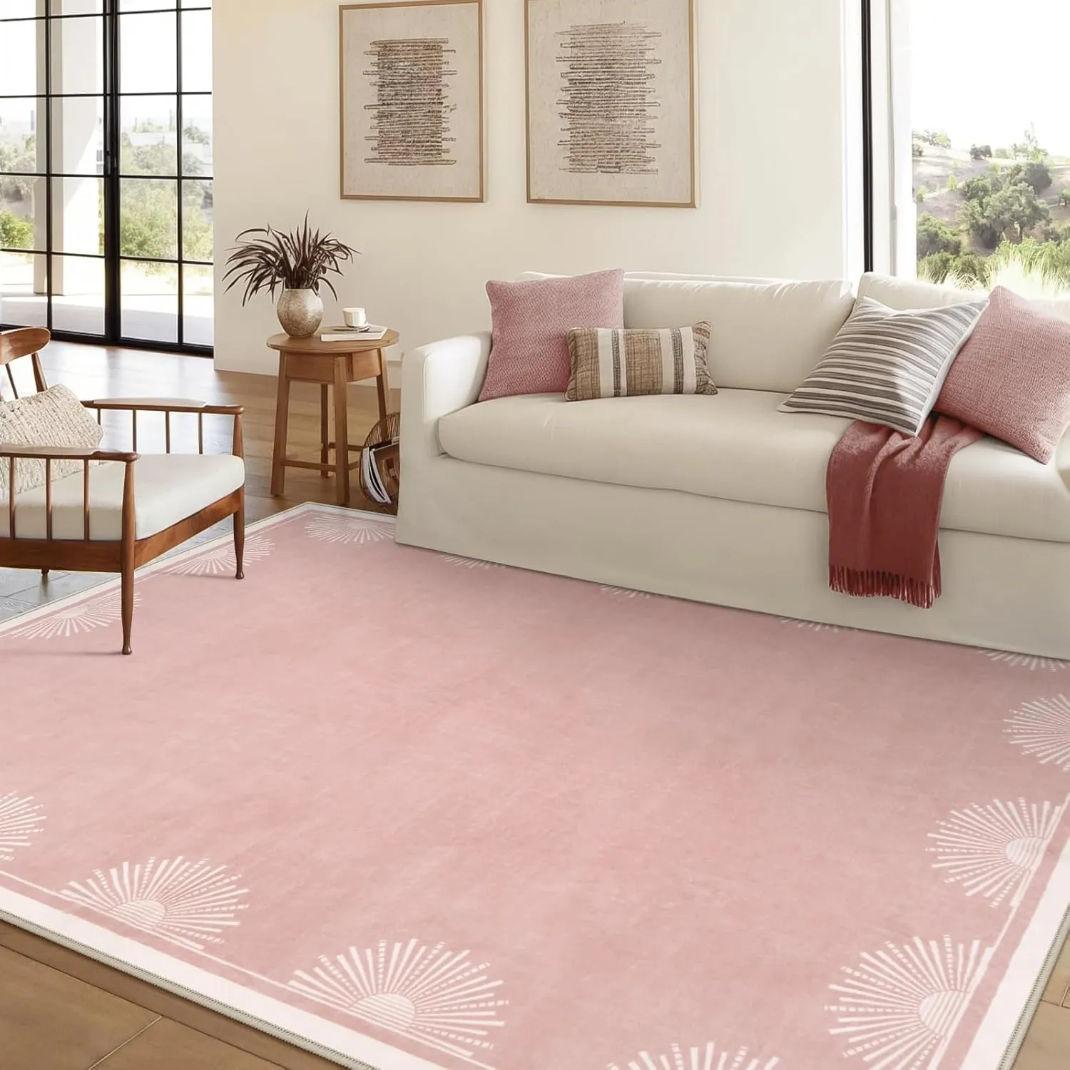 Modern 5x7 Pink Area Rugs for Bedroom Girls, Ultra Thin Washable Nursery Rug for Kids Room, Soft Sun Print Living Room Rug,Boho Non Shedding Floor Carpets for Classroom Dorm(5'x7',Pink)