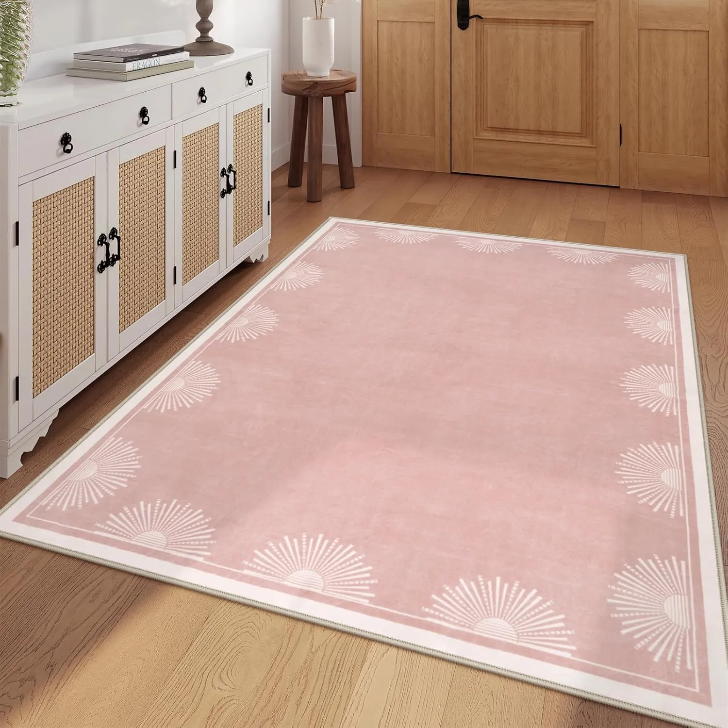 Modern 5x7 Pink Area Rugs for Bedroom Girls, Ultra Thin Washable Nursery Rug for Kids Room, Soft Sun Print Living Room Rug,Boho Non Shedding Floor Carpets for Classroom Dorm(5'x7',Pink)