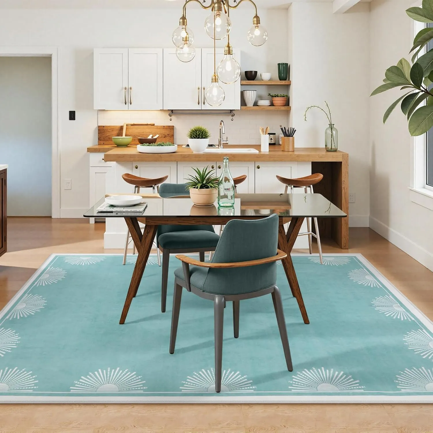 Modern Washable Bedroom Rugs 5x7, Low Pile Soft Teal Rug for Living Room, Aqua Sun Printed Dining Room Rugs for Under Table Throw Carpets for Nursery Kids Room(5'x7',Teal)