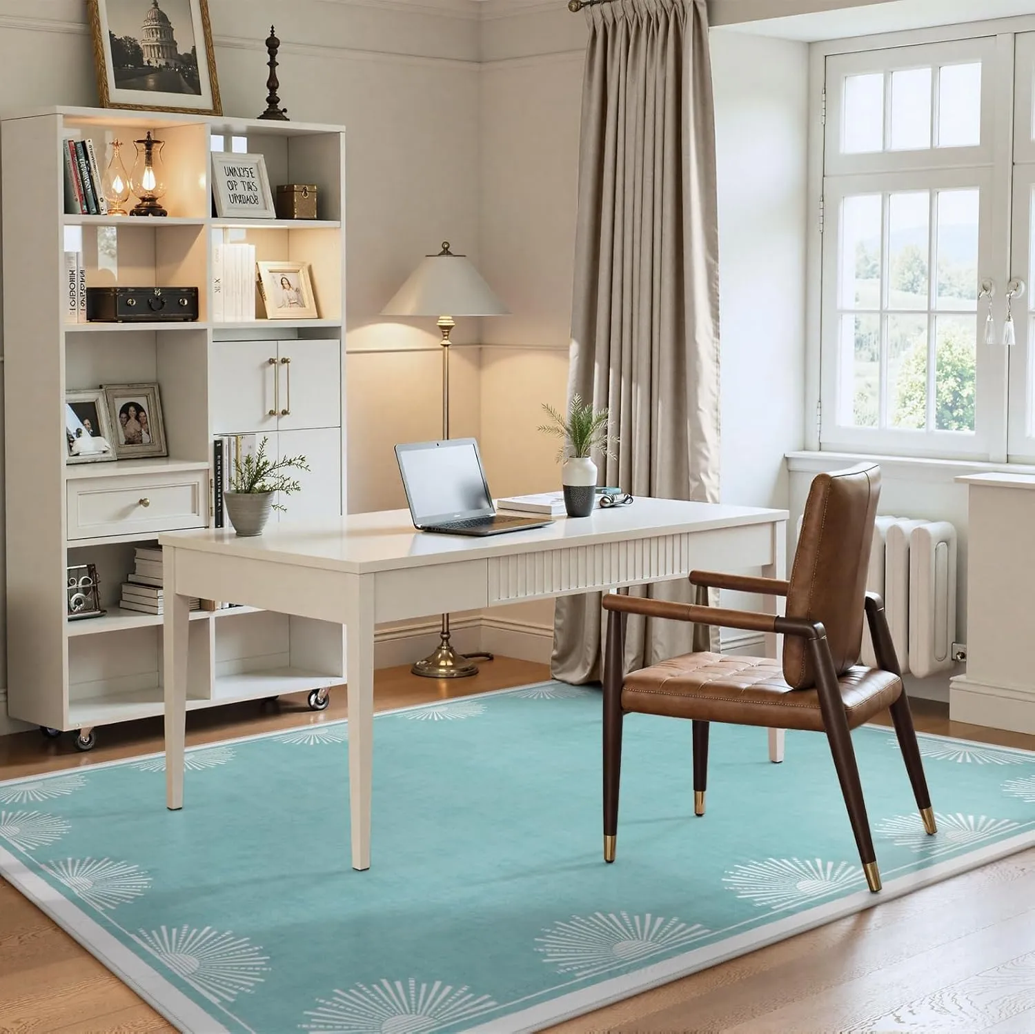 Modern Washable Bedroom Rugs 5x7, Low Pile Soft Teal Rug for Living Room, Aqua Sun Printed Dining Room Rugs for Under Table Throw Carpets for Nursery Kids Room(5'x7',Teal)