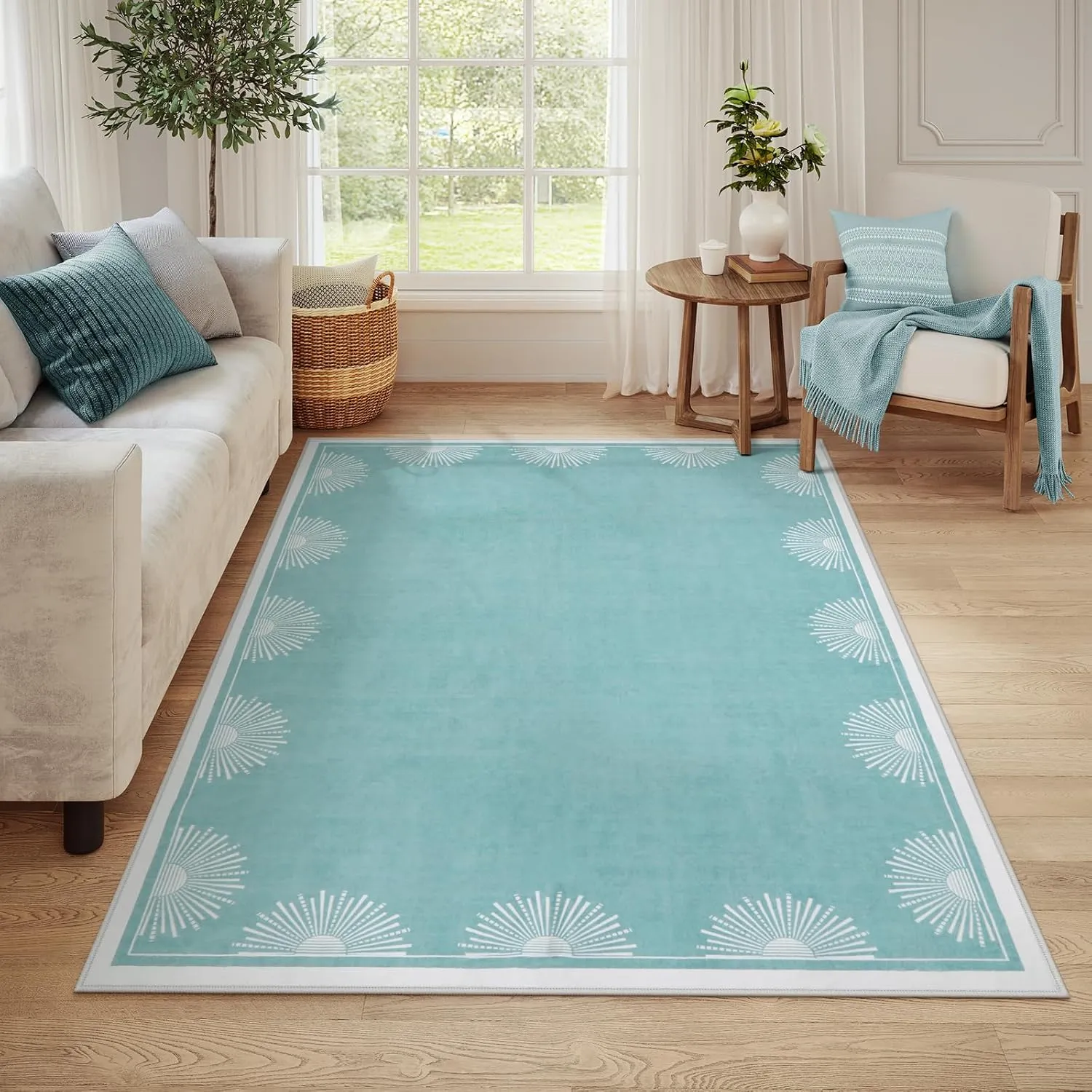 Modern Washable Bedroom Rugs 5x7, Low Pile Soft Teal Rug for Living Room, Aqua Sun Printed Dining Room Rugs for Under Table Throw Carpets for Nursery Kids Room(5'x7',Teal)